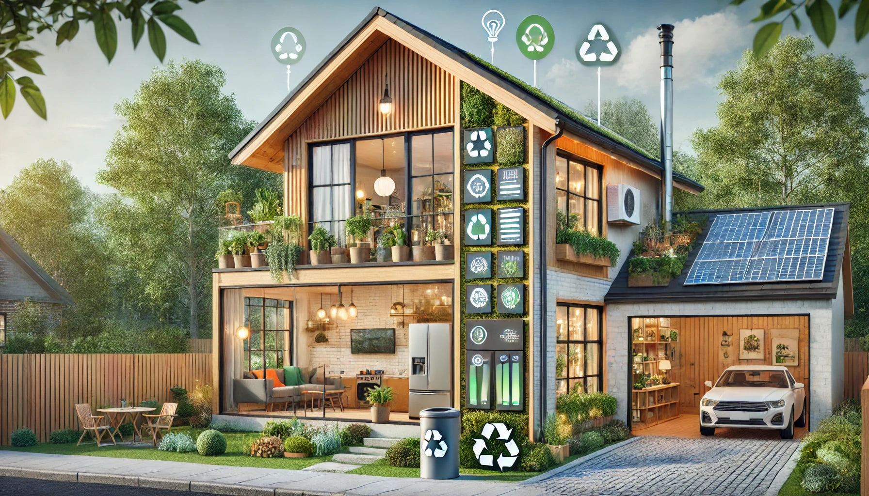 A smart, sustainable home with solar panels and various recycling and energy-saving systems, integrated into the design to promote energy efficiency and environmentally-conscious living