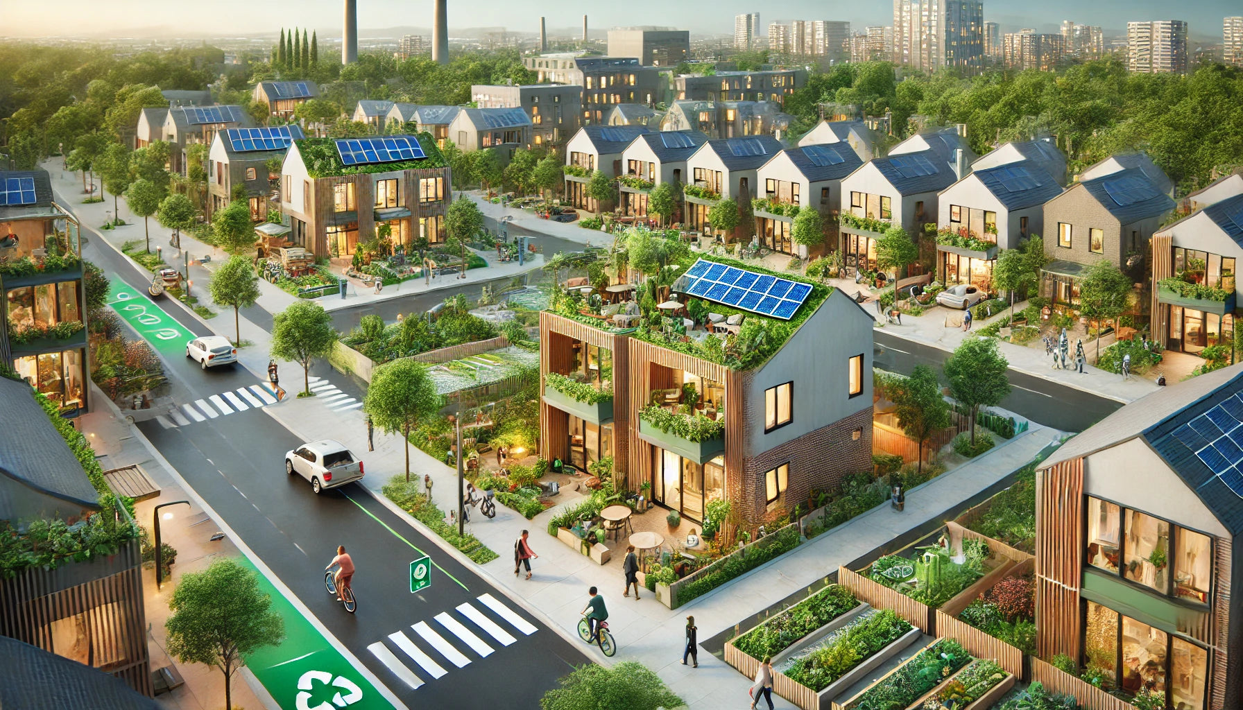 A sustainable urban neighborhood featuring homes with solar panels, community gardens, and eco-friendly infrastructure, promoting green living and renewable energy.