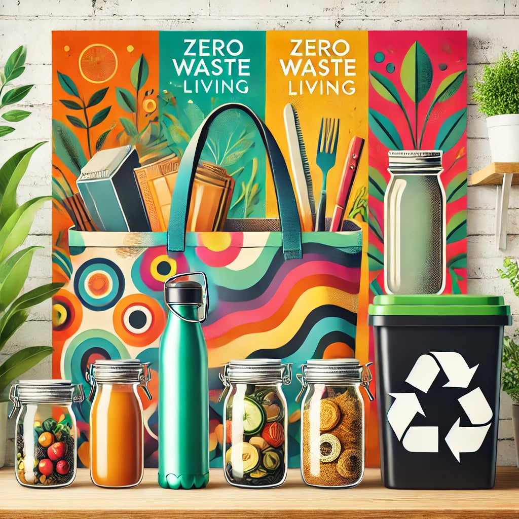 olorful zero waste living products including reusable bottles, glass jars, and eco-friendly tote bag with vibrant designs promoting sustainable living.