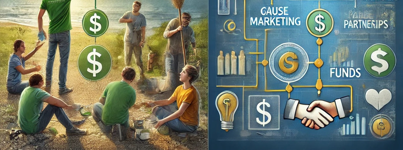 Volunteers engage in an environmental cleanup, paired with an infographic illustrating cause marketing strategies, including partnerships, funds, and CSR initiatives.