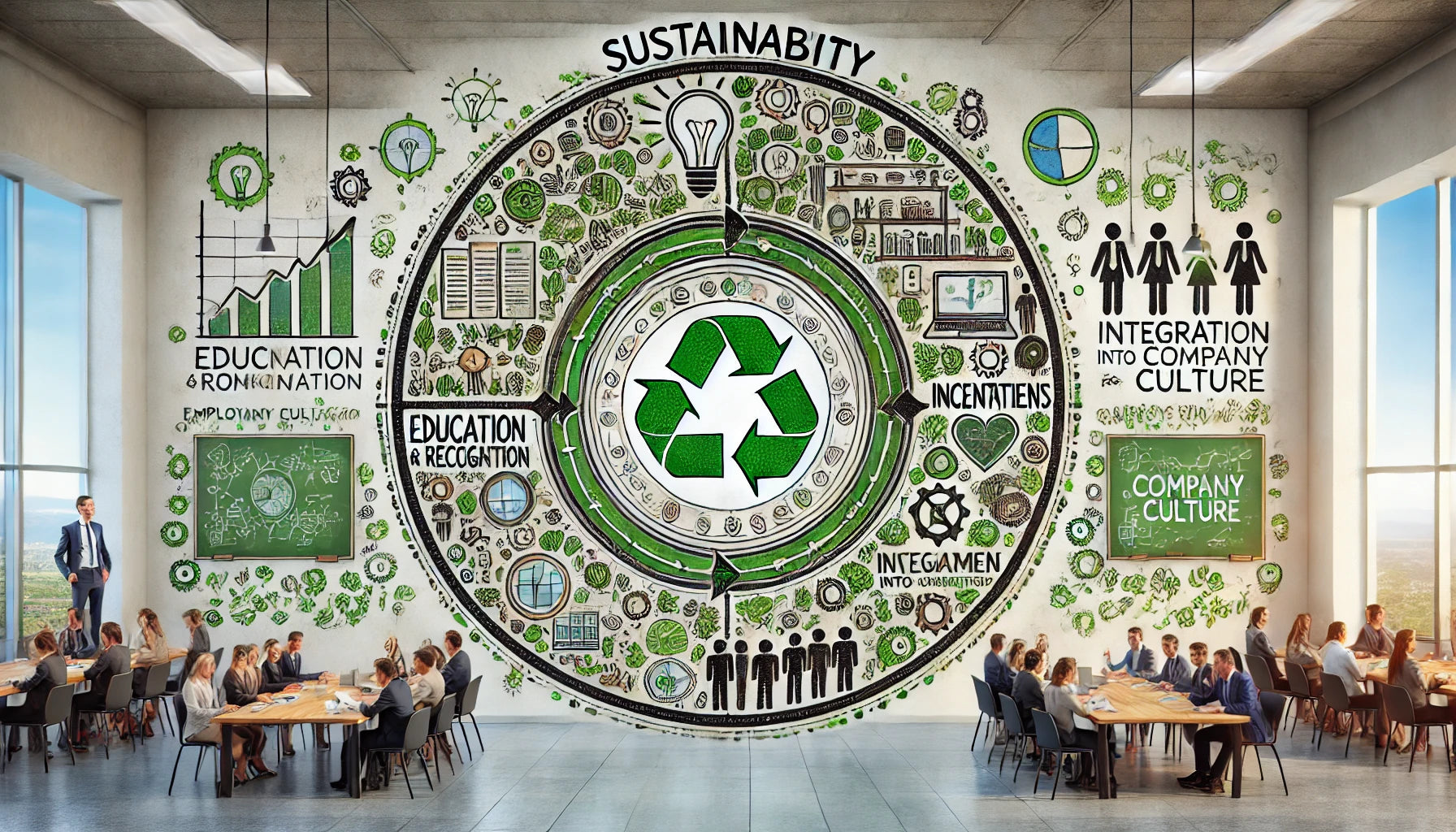 Office setting with employees discussing sustainability, focusing on education, incentives, and company culture, featuring a large circular infographic with green-themed sustainability icons and graphs