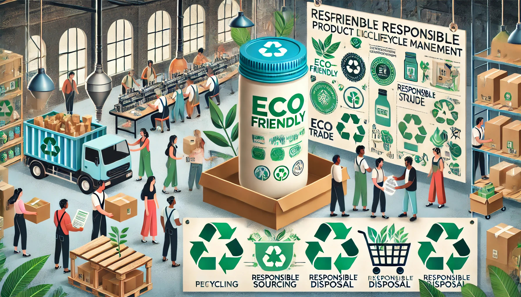 Illustration of eco-friendly packaging and product lifecycle management in a sustainable business environment.