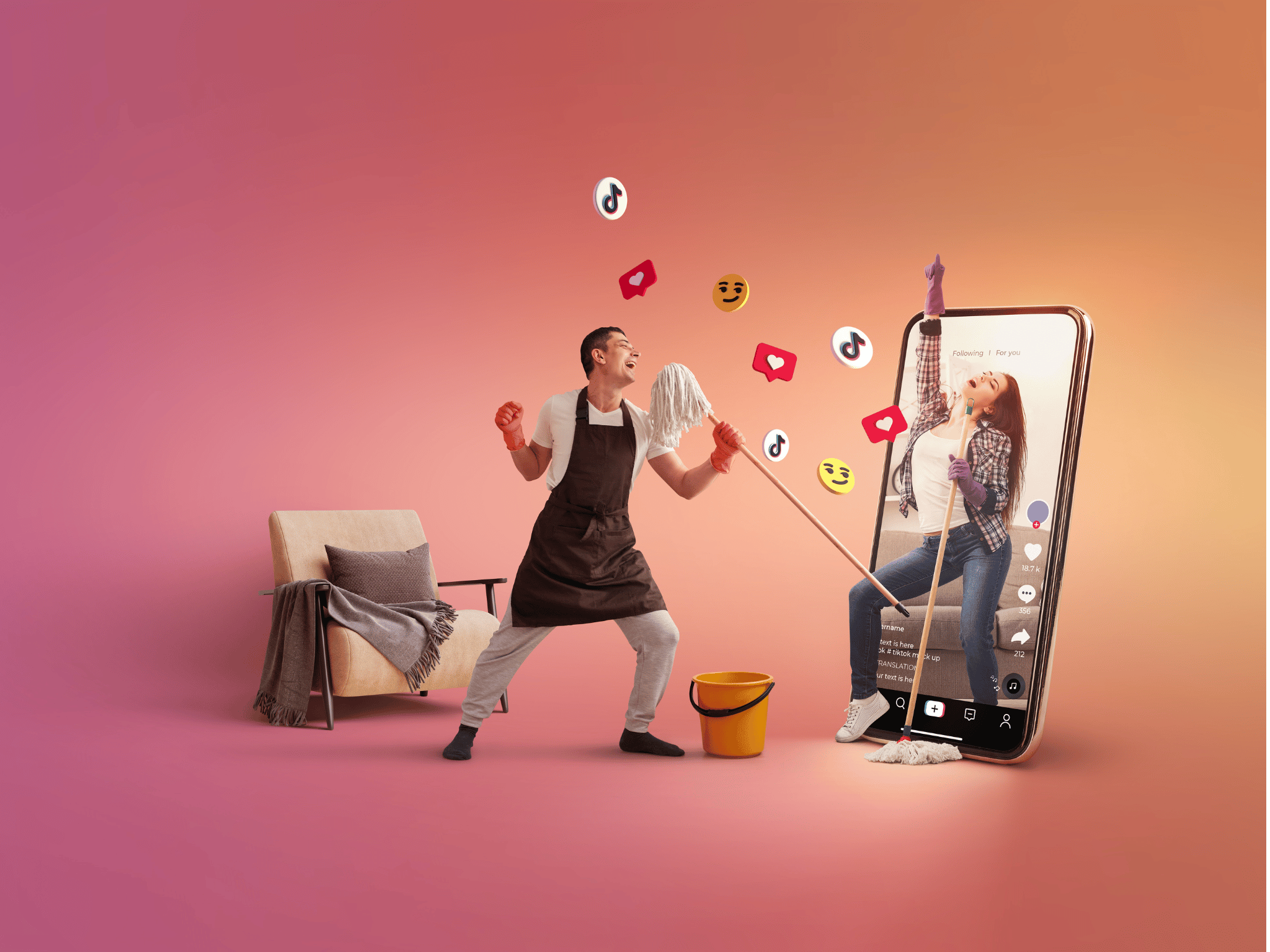 A fun visual of a person interacting with social media through TikTok-themed elements in a dynamic, creative setting.