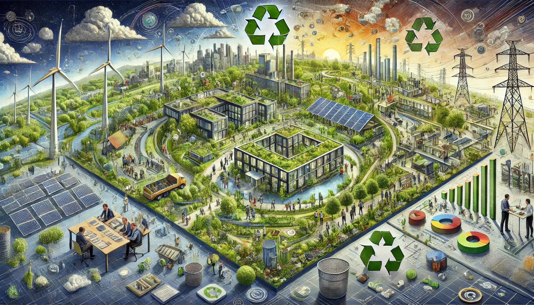 Illustration of a sustainable city with wind turbines, solar panels, green rooftops, and recycling symbols.