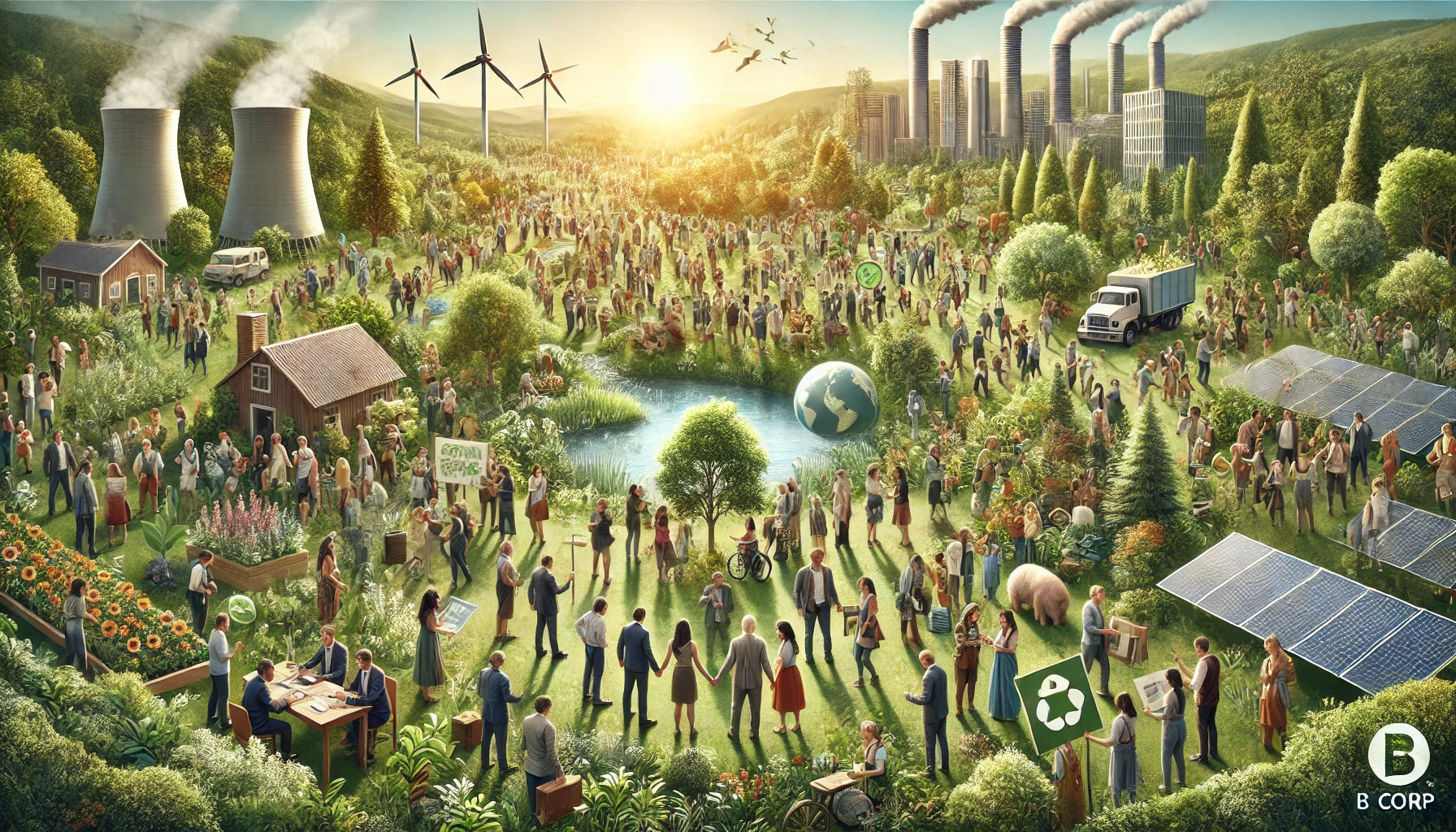 Illustration of a sustainable community with renewable energy, solar panels, and eco-friendly practices, highlighting the principles of B Corporation certification.