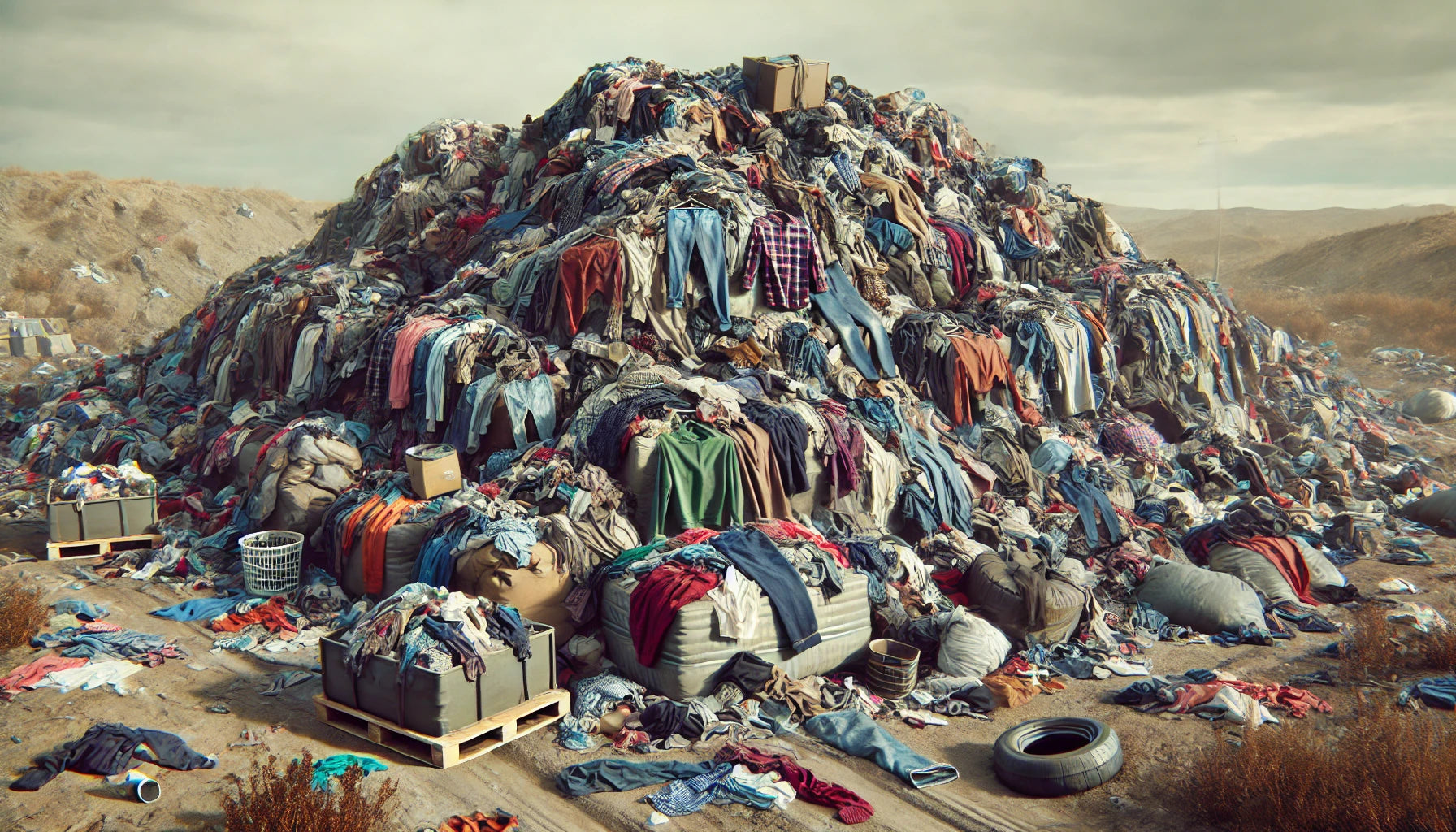 A massive pile of discarded clothing in a landfill, representing the environmental waste generated by fast fashion and the textile industry