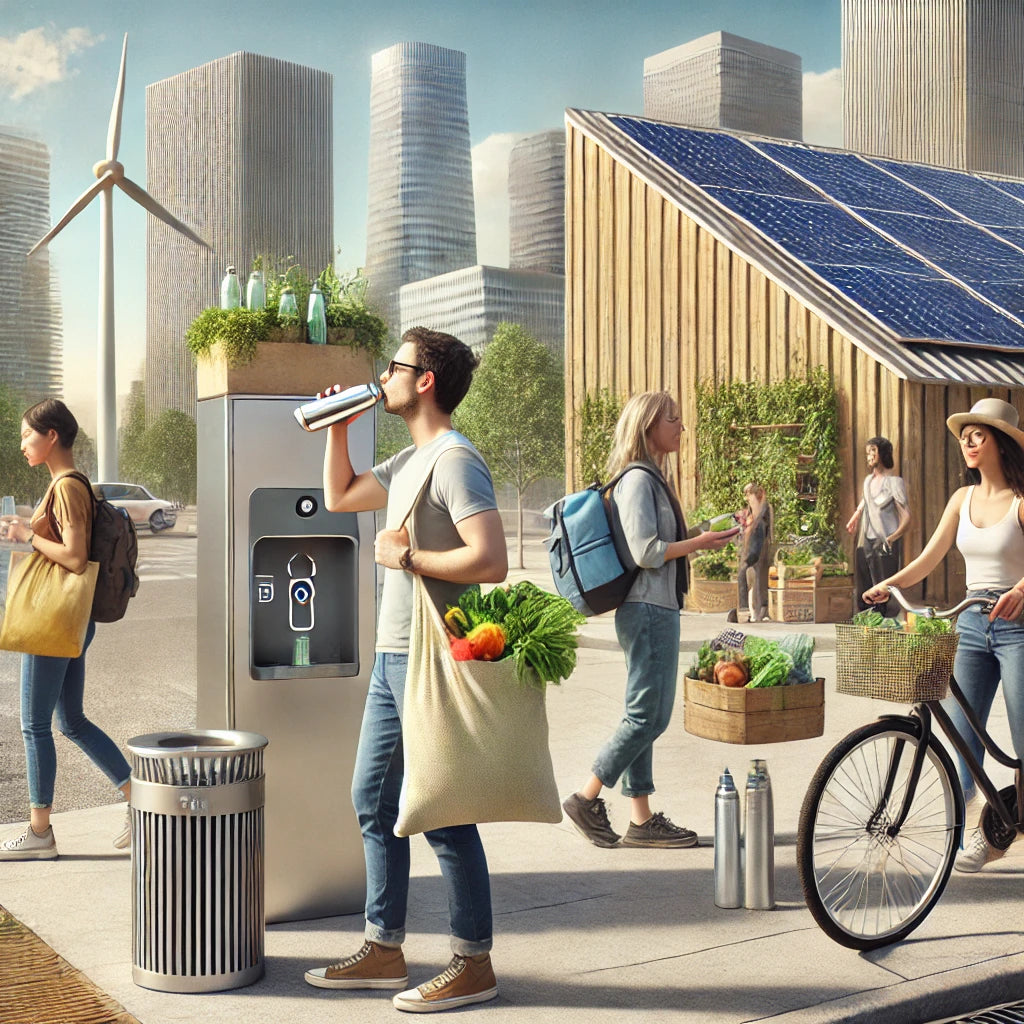 People embracing eco-friendly practices in a modern sustainable city, featuring renewable energy sources like wind turbines and solar panels, reusable water bottles, and sustainable shopping bags