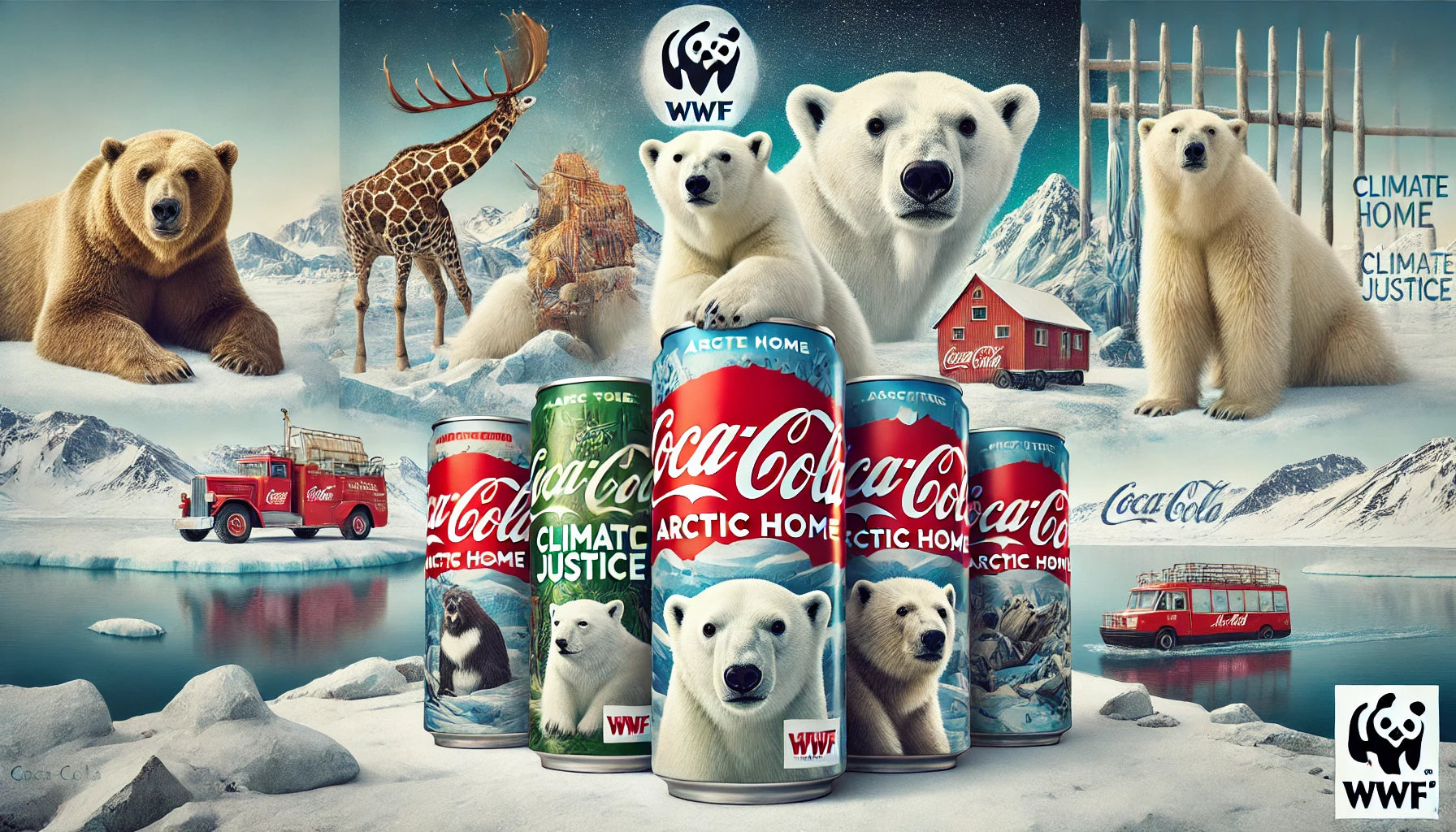 Coca-Cola Arctic Home cans with polar bears, WWF logo, and various animals in an icy landscape, promoting climate justice and polar bear conservation.