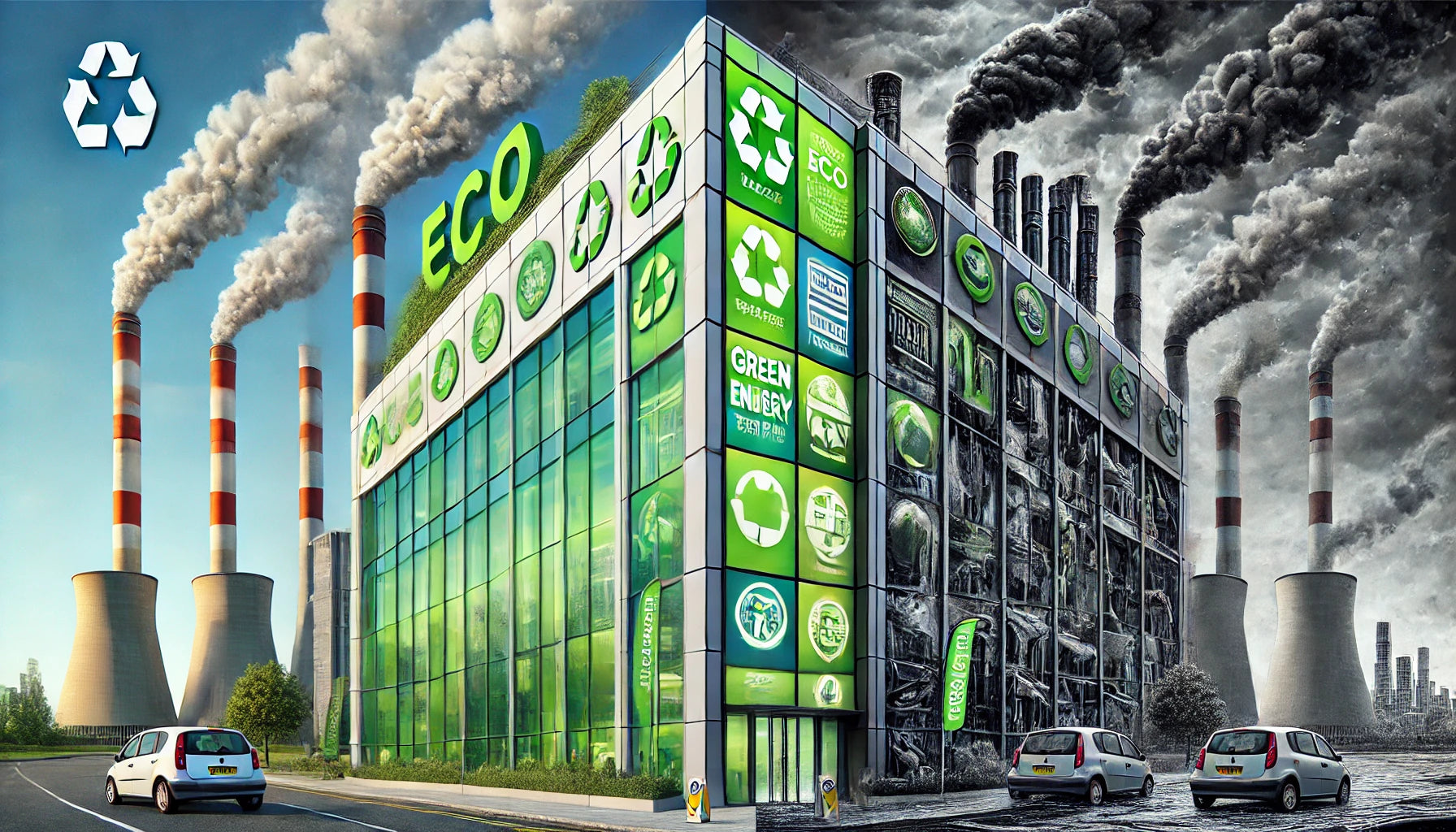 A green energy-powered eco-building standing next to traditional smokestacks, symbolizing the contrast between renewable energy and industrial pollution.