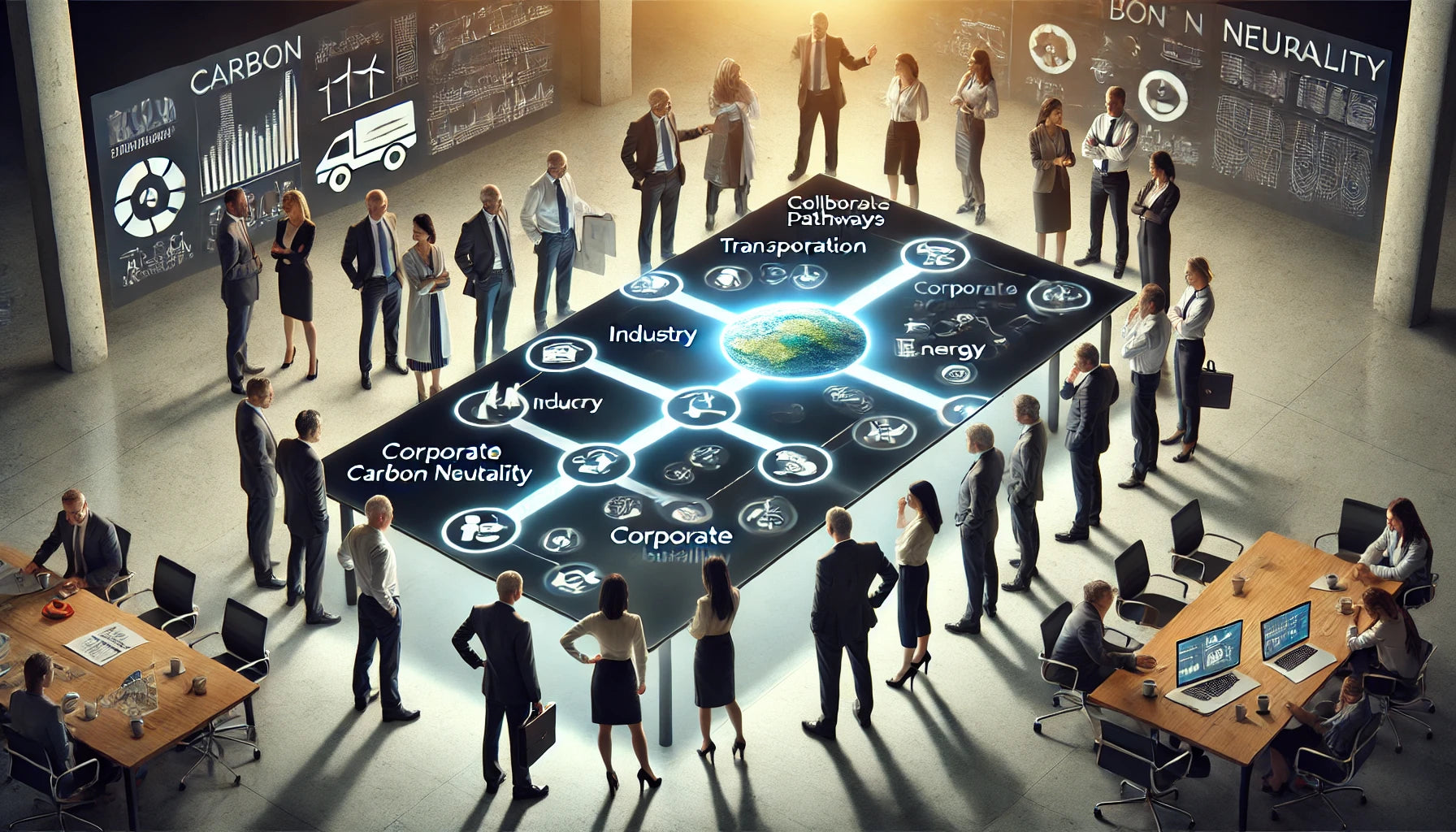 Business professionals gathered around a table displaying pathways to corporate carbon neutrality, focusing on industry, transportation, and energy sectors.