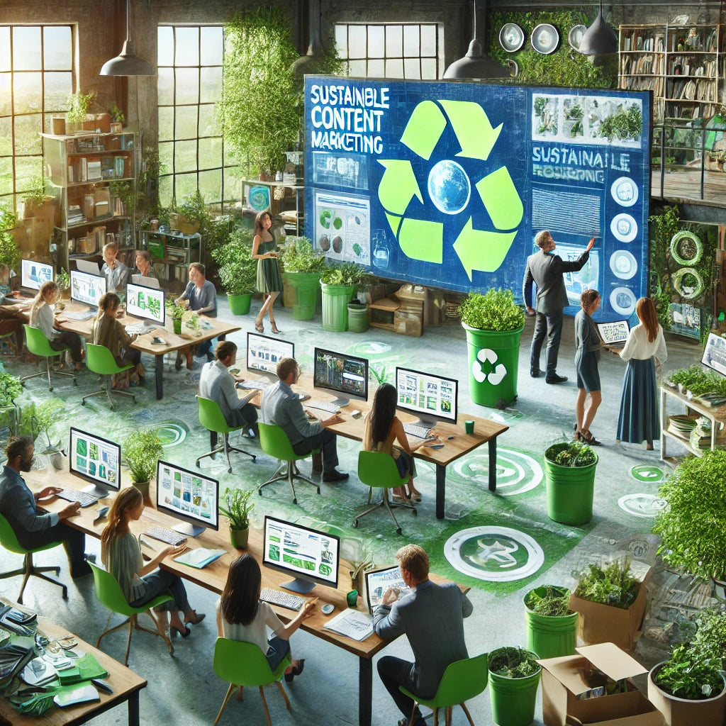 A modern office environment focused on sustainable content marketing with employees working at desks surrounded by greenery and recycling symbols.