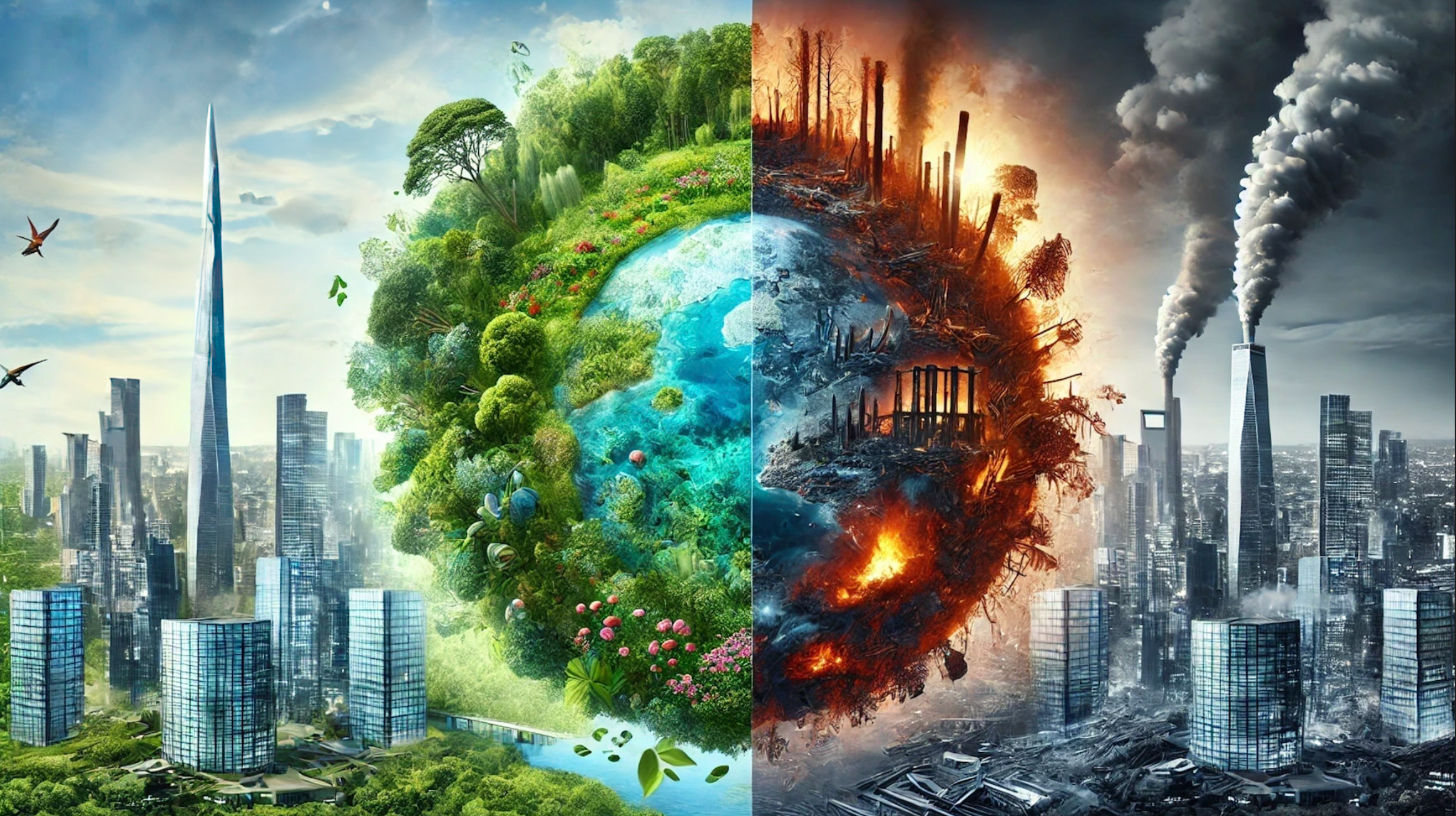 Split image showing a futuristic city with green landscapes on one side and a burning, polluted environment on the other, symbolizing the outcomes of sustainable versus unsustainable choices.