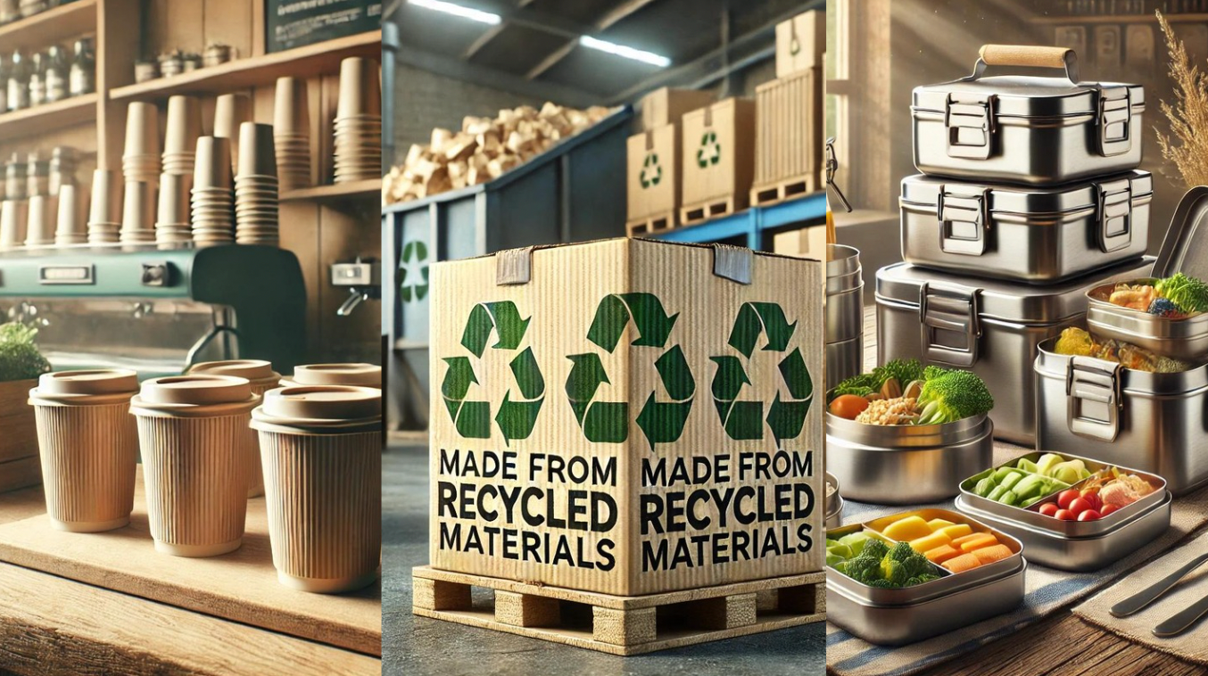 Reusable and recyclable packaging solutions, including stainless steel containers and boxes made from recycled materials, promoting a circular economy.