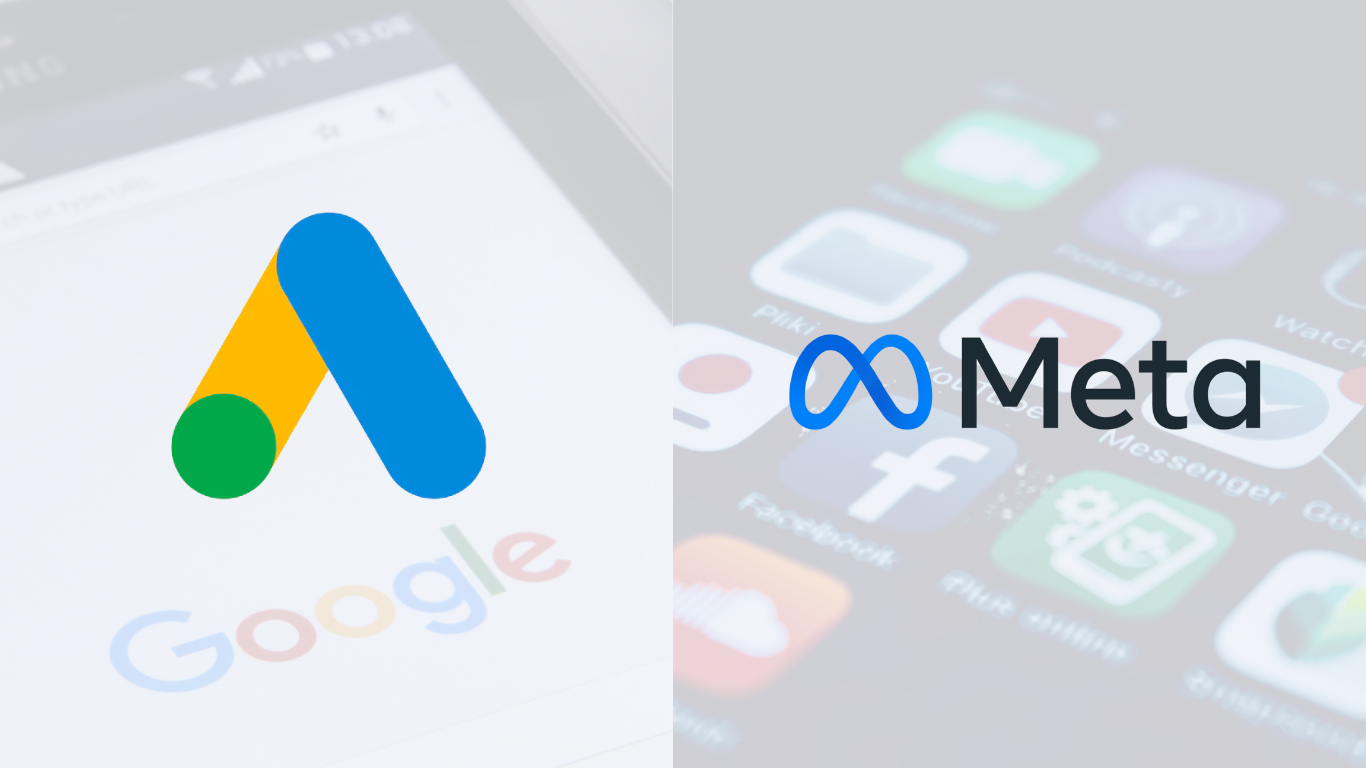 Split screen graphic comparing Google Ads and Meta Ads, featuring the Google logo on the left and the Meta logo on the right, overlaid on blurred app backgrounds.