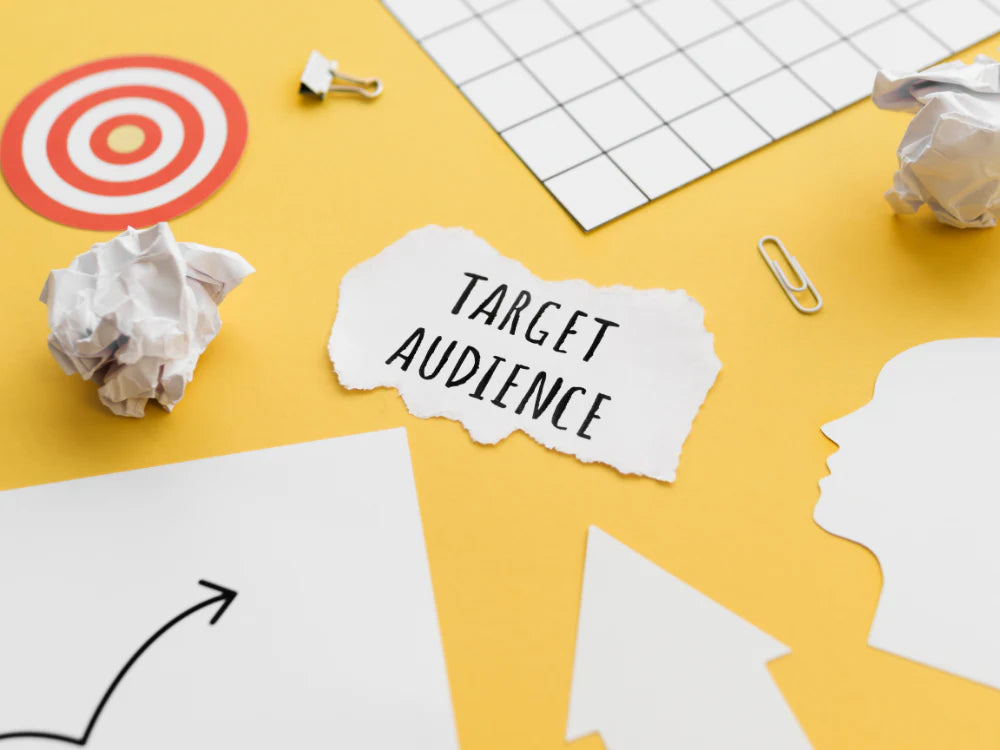 Target audience concept with torn paper, arrows, and business visuals on a yellow background, representing marketing focus and customer segmentation