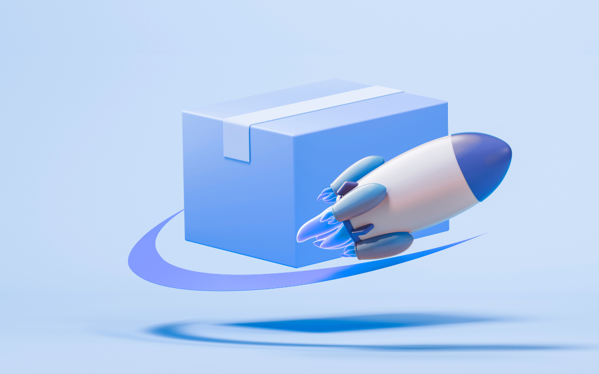 3D illustration of a rocket launching around a shipping box, symbolizing fast e-commerce growth, innovation, and delivery acceleration.