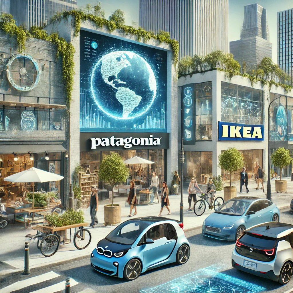 Urban street scene with Patagonia and IKEA stores, showcasing electric vehicles and green urban architecture, representing the brands’ commitment to sustainability and environmental responsibility.