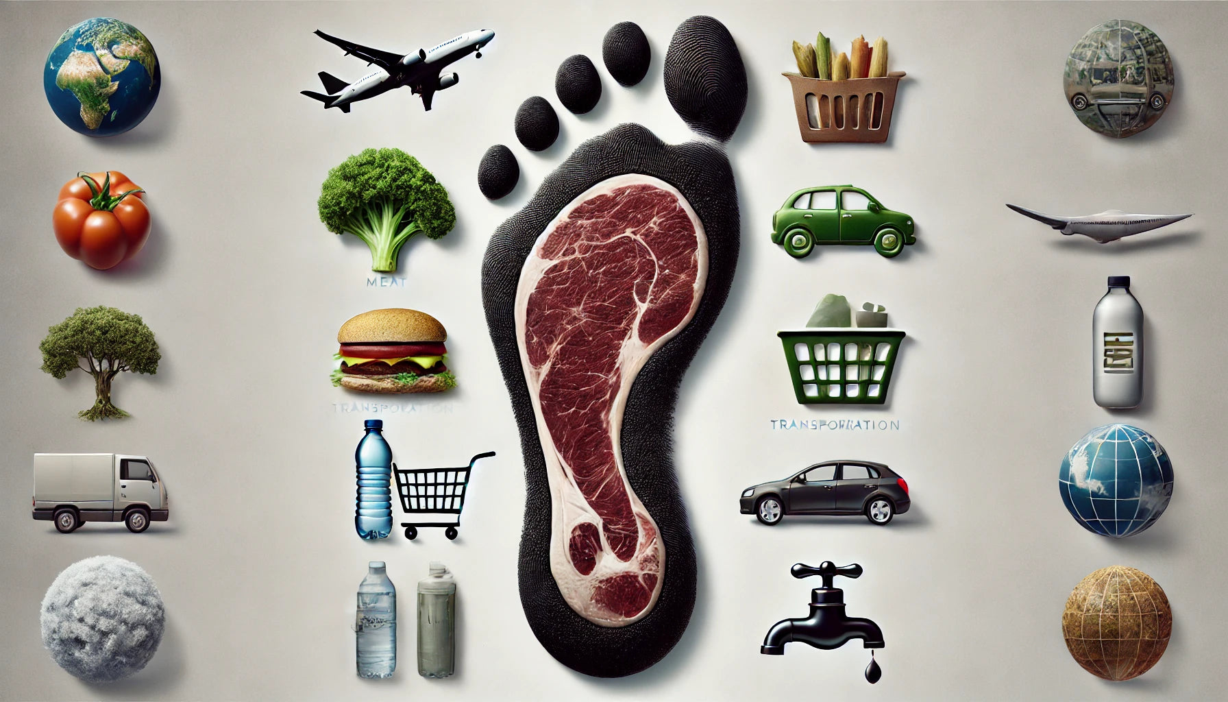 A visual representation of a carbon footprint with icons of meat, transportation, and consumption choices, emphasizing the impact of lifestyle decisions on the environment.