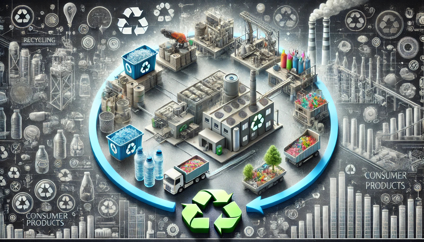 Circular economy model illustration showing the recycling process from manufacturing to consumer products.