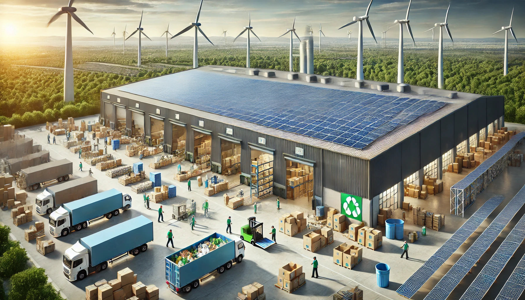 Sustainable logistics facility with solar panels and wind turbines, featuring efficient transportation and waste management for green supply chains.