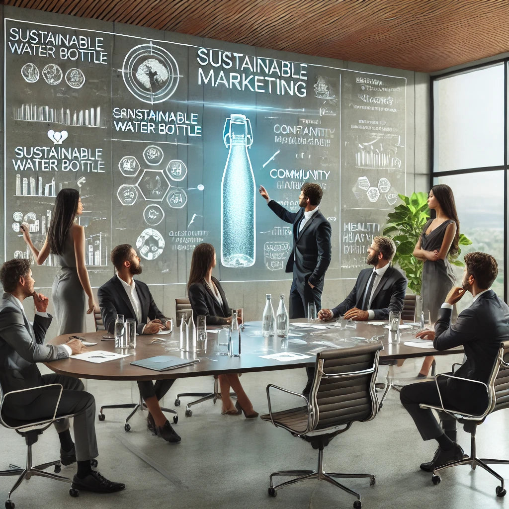 Business professionals discussing sustainable marketing strategies in a corporate boardroom, with graphics highlighting sustainable water bottles.