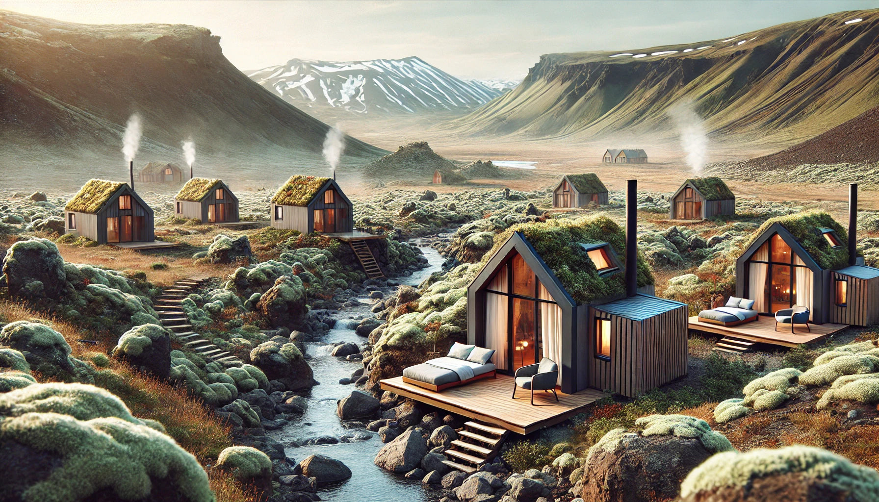 Eco-friendly lodges nestled in a scenic, natural landscape, using sustainable building materials and renewable energy sources, representing the future of green travel accommodations.