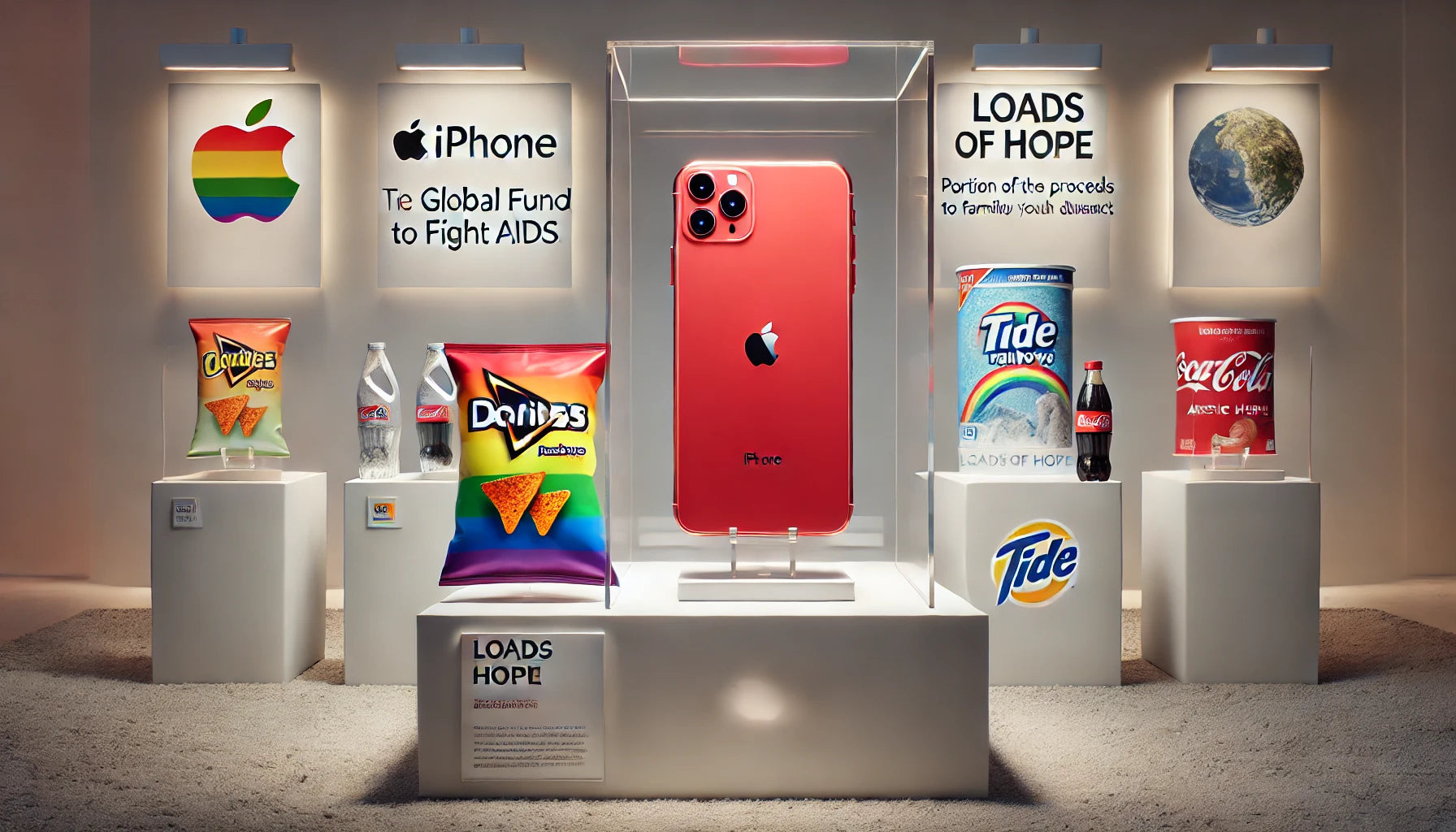 Cause marketing display featuring brands like Apple, Tide, Coca-Cola, Doritos, and iPhone, promoting charitable campaigns and partnerships to benefit global and social causes.