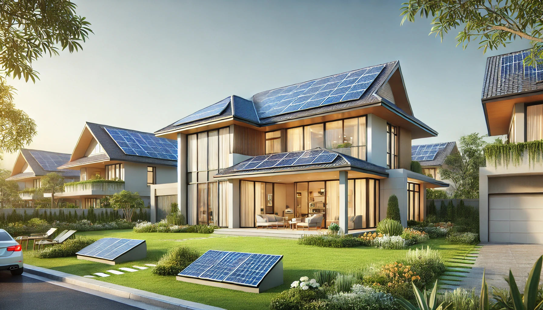 A modern home equipped with solar panels on the roof and in the garden, demonstrating eco-friendly home improvements and the adoption of renewable energy for sustainable living.