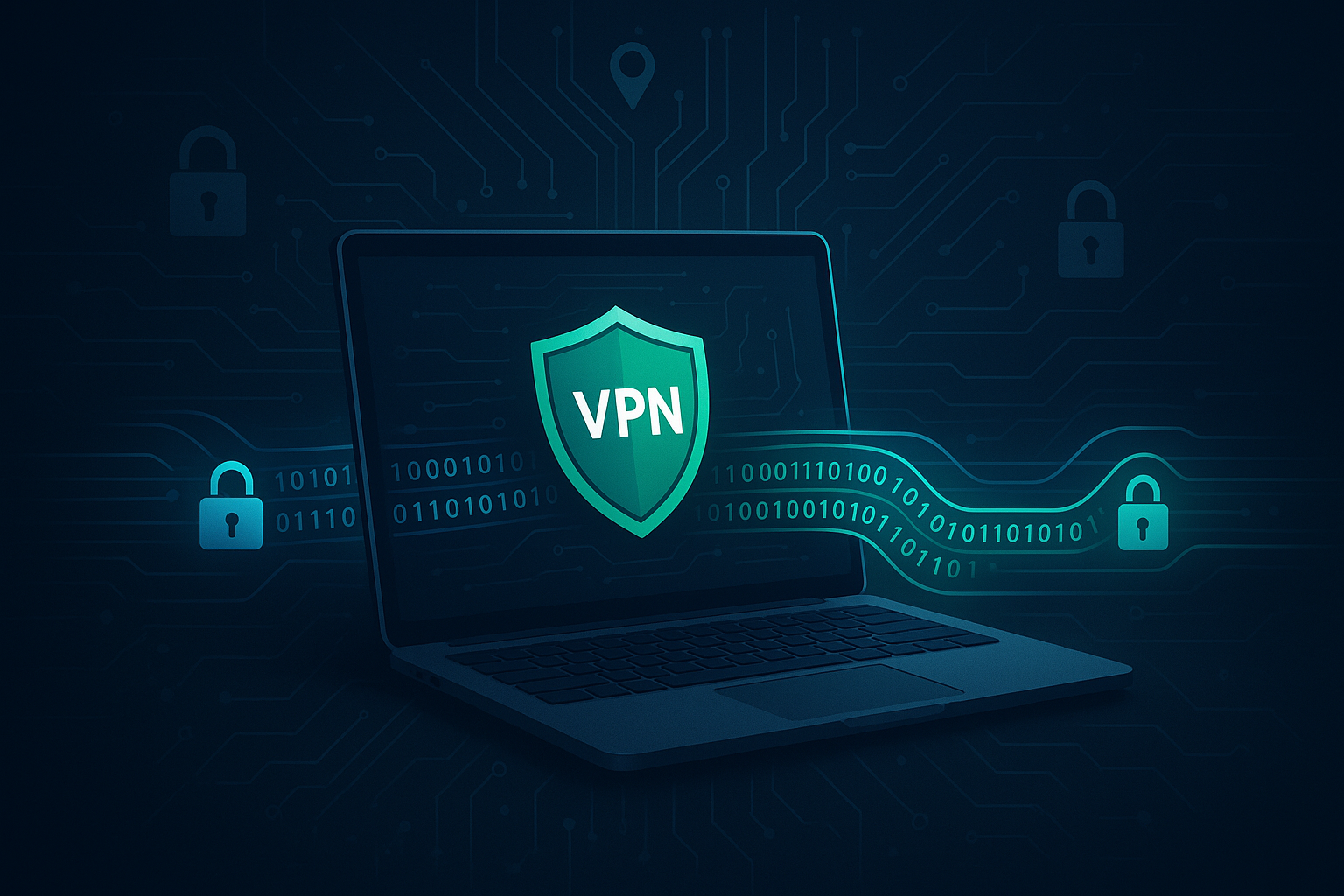 Illustration of a laptop with a glowing VPN shield on the screen, symbolizing online privacy, encryption, and secure internet access.