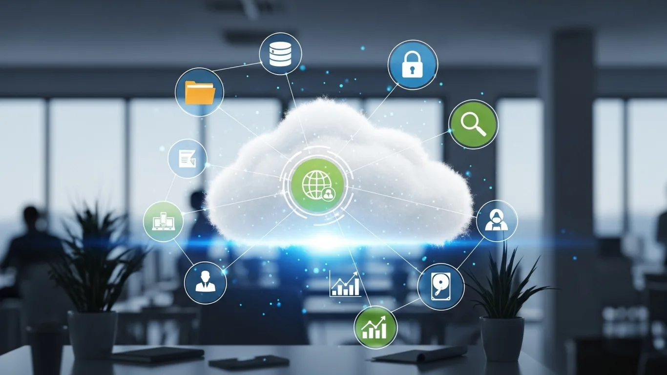 Cloud-based digital strategy concept showing secure data, analytics, and connected online systems in a modern office environment