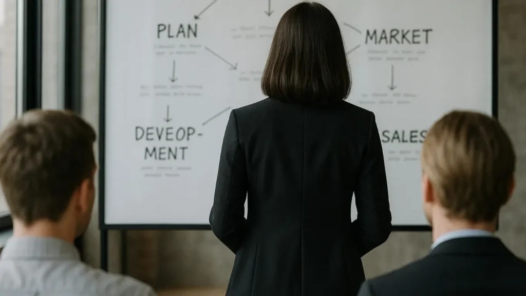 Digital strategy presentation showing a marketing leader outlining a growth plan with planning, development, market, and sales stages displayed on a screen to drive sustainable business growth