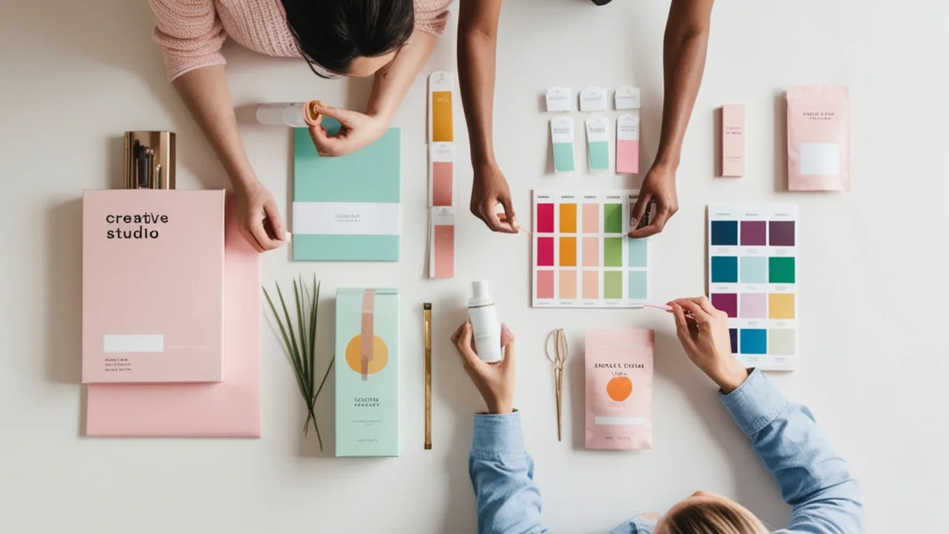 Creative team reviewing brand assets, color palettes, and product materials to evaluate design consistency and campaign performance