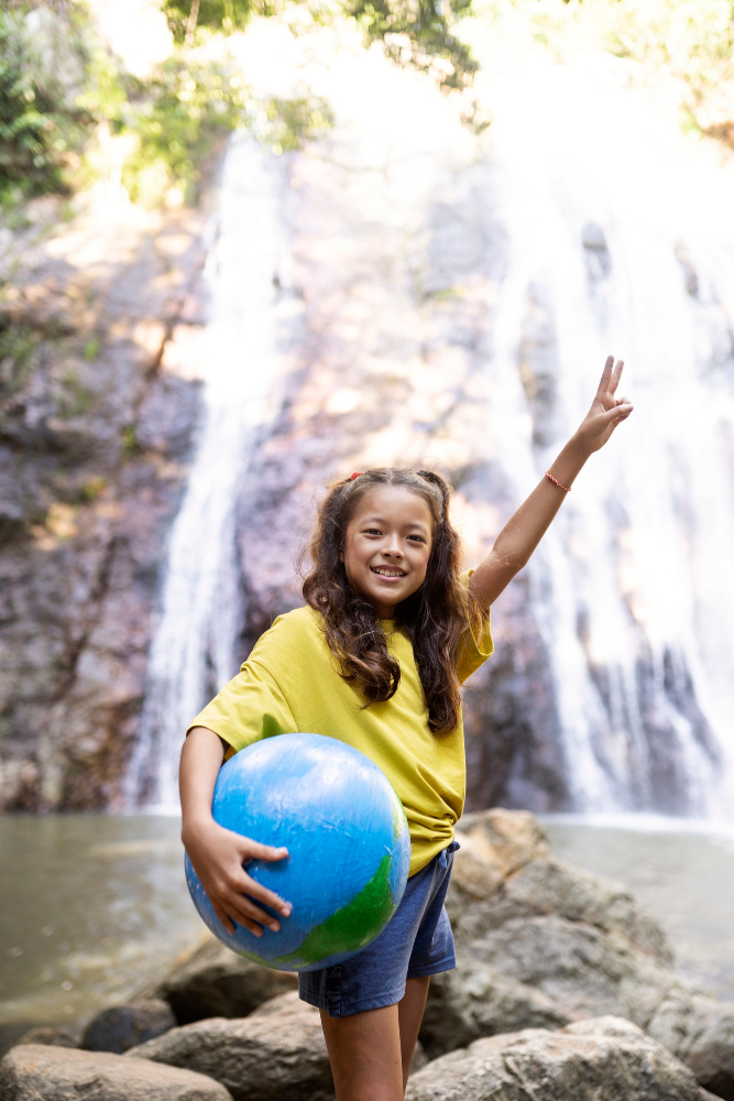 A child holding a globe in front of a waterfall