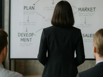 Digital strategy presentation showing a marketing leader outlining a growth plan with planning, development, market, and sales stages displayed on a screen to drive sustainable business growth